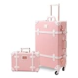 Mosslanda UNIWALKER 2 Piece Vintage Luggage Set 24inch Women Cute Suitcase for Travel with Spinner Wheels, Embossed Pink