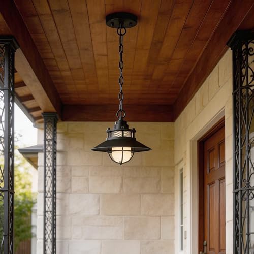Image of Black Farmhouse Outdoor Pendant Lights For Porch Hanging Lantern Rustic Barn Style Ceiling Mount Light-Outdoor Hanging Light For Patio Entrance Outside Exterior Pendant For Front Door, E26