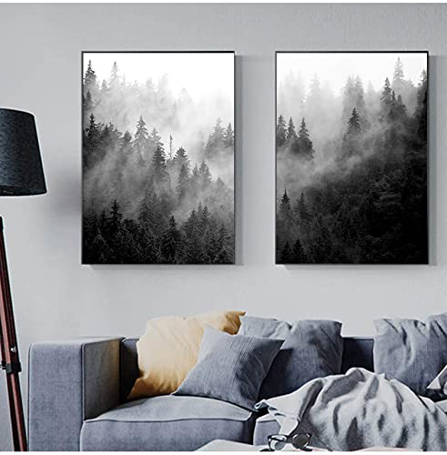 Wall Art Zwart-wit Natuur Prints Bos Boom Posters Mistig Bos Landschap Canvas Schilderij Foto Woonkamer Decor 70x100cm (28x39in) x2 Frameloos - Afbeelding 3