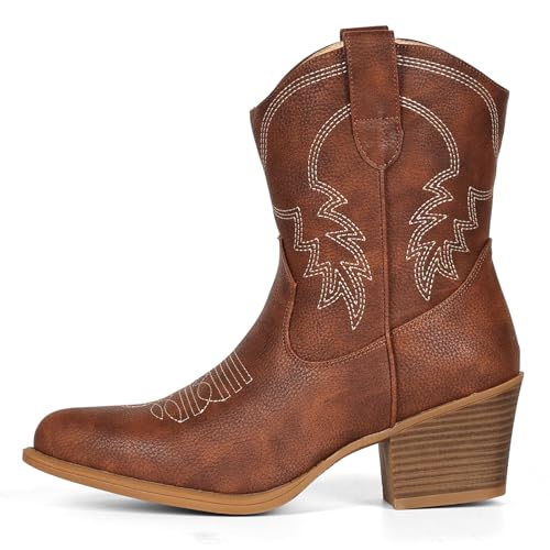 Image of IXU Cowboy Boots for Women Ankle Cowgirl Booties Wide Mid Calf Pointed Toe Western Boots Short Chunky Classic Booties