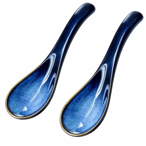 Lot de 2 Cuillères à Soupe Asiatiques en Céramique Bleue, Cuillères Japonaises pour Ramen et Pho, Cuillère Chinoise en Porcelaine Émaillée, Vaisselle...