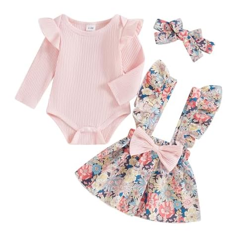 Newborn Baby Girls Fall Winter Outfits Cute Ruffle Long Sleeve Ribbed Romper Top Bow Suspender Skirt With Headband (Pink, 3-6 Months) Cover
