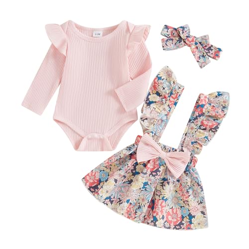 Image of Covvoliy Newborn Baby Girl Clothes Ruffles Long Sleeve Romper Floral Suspender Skirt Set with Headband Girl Clothes 2Pcs