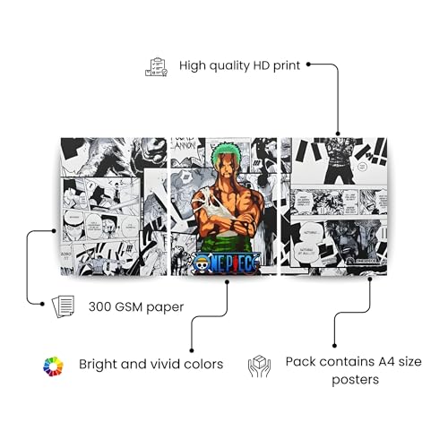 Image of ADRAIL STORE One Piece Anime Manga Poster, Zoro Character Design Wall Poster 3 Panal - A4 Size, 300 GSM, Wall Decor Posters Wall Art For Bedroom, Living room, Office, Dining Room,No Frame (Zoro)