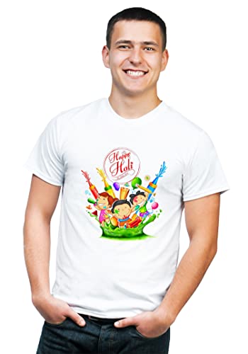 Image of Knitted Polycotton Fabric Regular Fit Men Boys Half Sleeve T-Shirt for Festival of Holi Style 16 White Size : Free