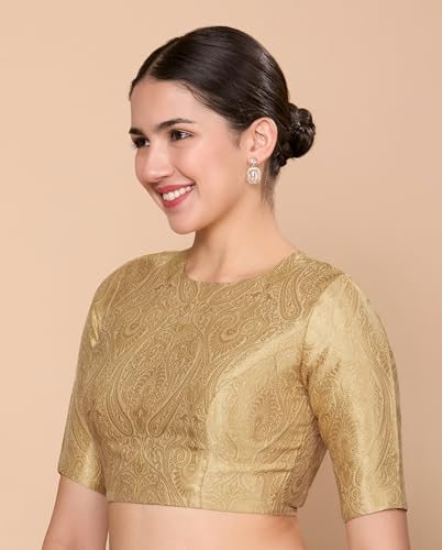 Image of Studio Shringaar Women Brocade Silky Jewel Neck Readymade Elbow Length Sleeve Saree Blouse