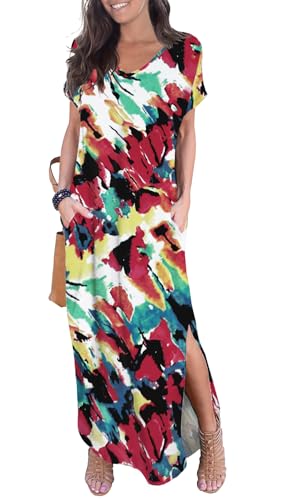 Image of GRECERELLE Women's Summer Maxi Dress Casual Loose V Neck Short Sleeve Side Split Long Dresses with Functional Pockets