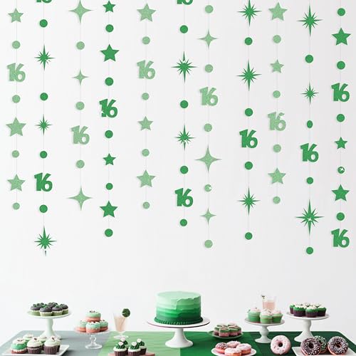 Image of Green 16th Birthday Decorations Number 16 Circle Dot Star Garland Glitter Streamer Banner Backdrop for Girls Boys Sweet Sixteen Cheers to 16 Years Old Birthday 16th Anniversary Party Supplies
