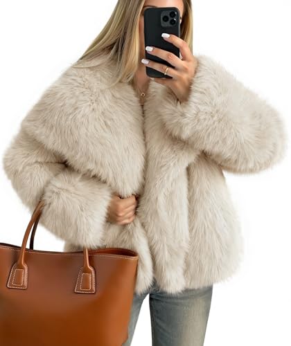 ZESICA Women's Winter Faux Fur Coats Fluffy Jacket 2026 Trendy Long Sleeve Lapel Shaggy Warm Outerwear with Pockets,Apricot,Medium