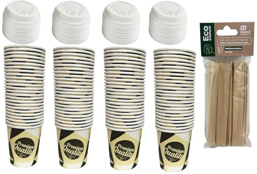 ARBUTUS 48 gobelets à café jetables en carton de 120 ml avec 48 couvercles en plastique, gobelets à emporter et 50 palettes en bois.