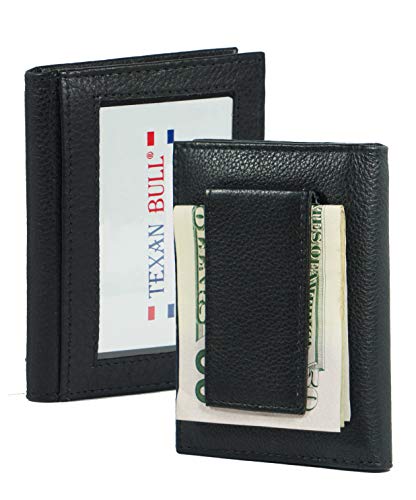 Leather Bifold Magnetic Money Clip Slim Thin Credit Card Slots-ID Holder Front Pocket Black minimalist mens wallet