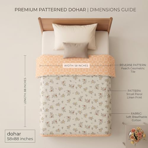 Image of SANMARINO Premium Cotton Reversible Single Bed Dohar, Soft Breathable & Lightweight Floral Printed Design AC Quilt | All Season Blanket for AC Room & Mild Winter Use | 152x228 cm (Buttercup Ivory)