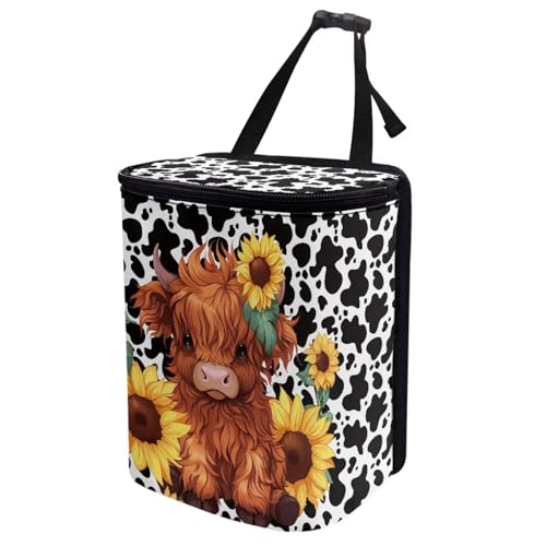 Image of KEIAHUAN Highland Cow Sunflower Foldable Car Trash Bag Hook Hanging Car Garbage Can Holder Leakproof Storage Organizer for Camping Car Interior Accessories