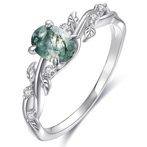 Art Deco Wedding Engagement Ring for Women Moss Agate/Moissanite/Black Rutilated Quartz 925 Sterling Silver Plated Platinum Leaf Gemstone Bridal Promise Ring for Her Size 4-9