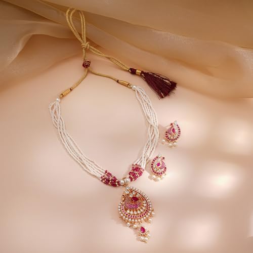 Image of Rubans Pearl Long Necklace Set Gold Plated Traditional Stylish Jewellery Gift for Women & Girls