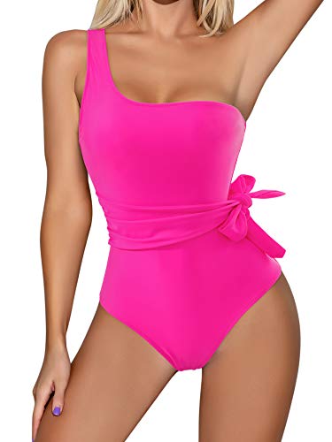 RXRXCOCO Women One Shoulder Bathing Suit Side Bandage Bowknot Tummy Control One Piece Swimsuit Swimwear Hot Pink Large RXRXCOCO Women One Shoulder Bathing Suit Side Bandage Bowknot Tummy Control One Piece Swimsuit Swimwear Hot Pink Large