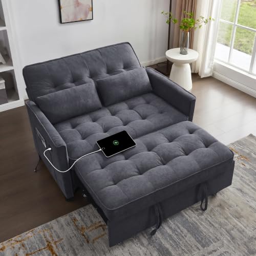 tiramisubest Convertible Sofa Bed, 3 in 1 Pull Out Couch, Loveseat Sleeper with Side Pocket, Living Room Sofa with Adjustable Backrest | USB Charging Port | Two Pillows | Fabric | Dark Gray