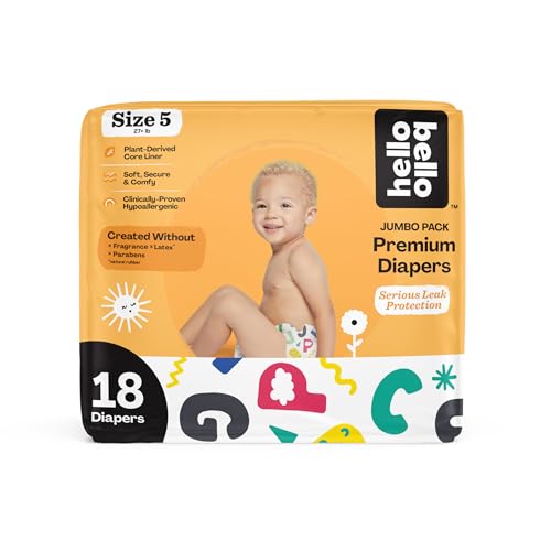 Image of Hello Bello Premium Baby Diapers Size 5, 18 Count of Disposable, Extra-Absorbent, Hypoallergenic Baby Diapers with Snug and Comfort Fit, Alphabet Soup