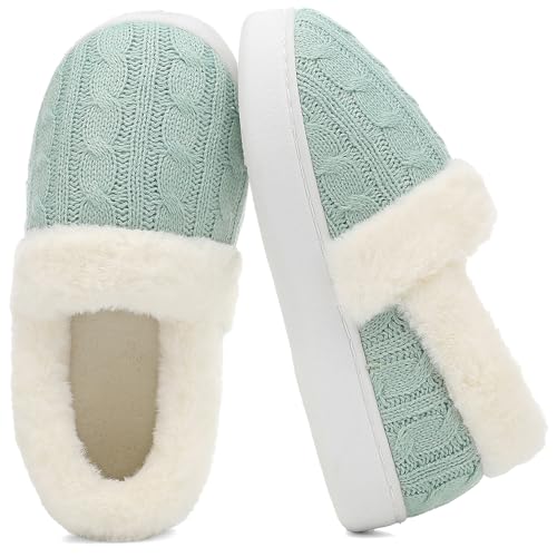 UBFEN Womens Fuzzy House Slippers Warm Bedroom Shoes with Faux Fur Lining Non Slip Memory Foam Slippers for ladies Indoor and Outdoor Size US 9-10 Green