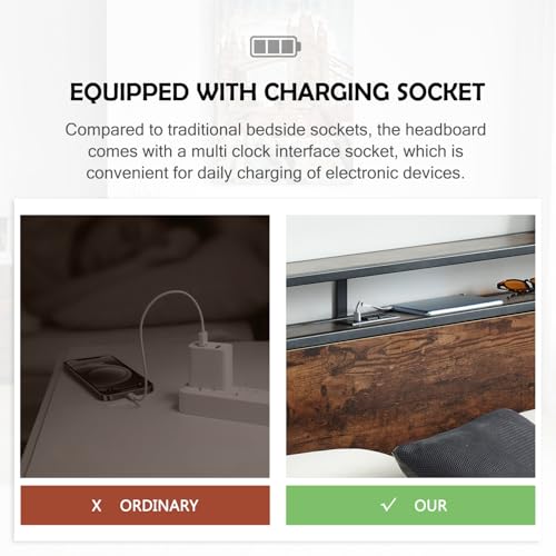 Image of Virabit King Bed Frame with Headboard, Bed Frame King Size with Charging Station, No Box Spring Needed, Steady and Noiseless, Easy Assemble.(Brown)