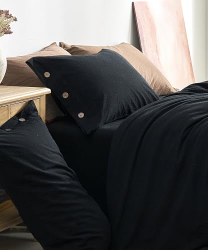 Image of JELLYMONI 100% Washed Cotton Black Duvet Cover Cal King, Linen-Like | OEKO-TEX Certified, Soft, Breathable Percale Bedding with Natural Wrinkle Texture, Button Closure, 3-Piece Set, 104 inchx98 inch