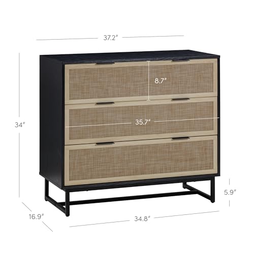 Image of Nathan James Kova Boho Dresser or Storage Cabinet with Drawers for Bedroom or Nursery with Textilene Rattan Accent and Metal Legs, Black Oak, Set of 2