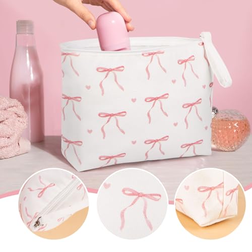 DDLP Pink Bow Makeup Bag for Women Preppy Pouch Travel Cosmetic Bag Coquette Makeup Bag Birthday Valentines Day Christmas Gifts for Bestie Mom Daughter Teen Girls (White)4