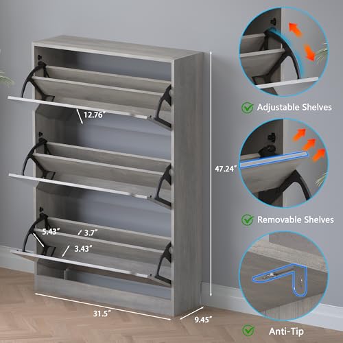Shoe Cabinet with 3-Flip Mirror Drawers, Freestanding Shoe Rack Organizer with Hidden Handle, Slim Narrow Shoe Storage Cabinet for Entryway, Entrance, Hallway, Bedroom