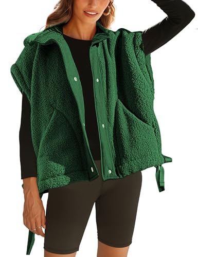 Women Oversized Fleece Vest Trendy Sleeveless Button Down Fuzzy Sherpa Jacket Winter Warm Outerwear Vest with Pockets