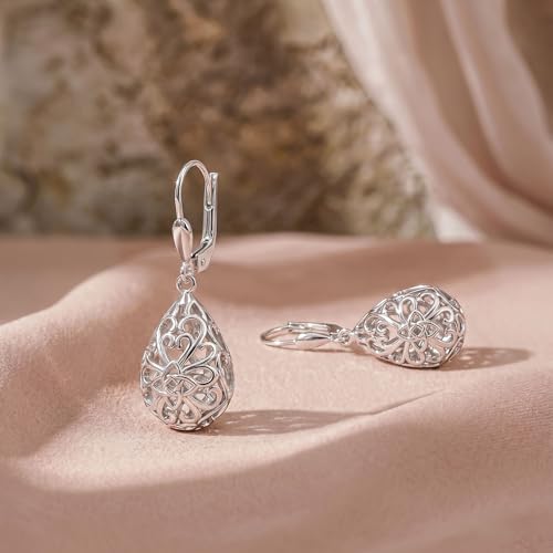 Image of TRUESILVER ACPL 925 Sterling Silver Filigree Drop Earrings for Women & Girls | Elegant Dangle Leverback Earrings | Stylish Everyday & Gift Jewelry