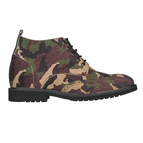 CALTO Men's Invisible Height Increasing Elevator Shoes - Camo Green Premium Leather Lace-up Lightweight Wing-tip Work Boots - 3 Inches Taller - S3651 - Size 8 D(M) US2