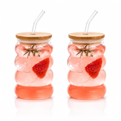 Image of criterion Bamboo Lid Glass Tumbler Set of 2, 400ml Clear Drinking Cup with Straw - Ideal for Cold Brew, Smoothies, Cocktails & Boba Tea