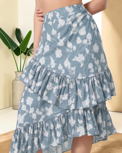 Image of OOMPH! Women Floral Printed Asymmetric Ruffled Midi Skirt | Elegant Flowy Fit | Mid-Rise | Lightweight & Breathable | Flared Hem | Summer Casual Skirt