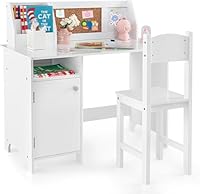 FANTASK Kinderschreibtisch Set, Schreibtisch Kinder mit Stuhl aus Holz, Schülerschreibtisch mit Bücherregal, Schrank & Pinnwand, Jugendschreibtisch für Kinder ab 3 Jahren, Weiß
