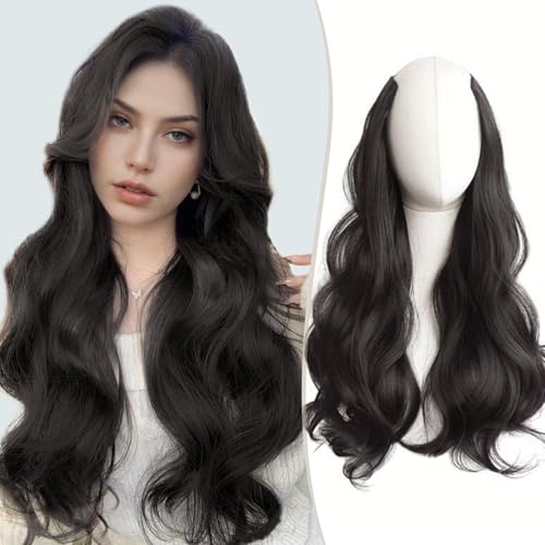 FAVE V-Shaped Clip in Extensions Synthetic Hair Extension Wavy Hair Extensions Brown Black Hair Extensions One Piece Extensions with 5 Secure Clips Vigorous Clip in Hair Extension for Women