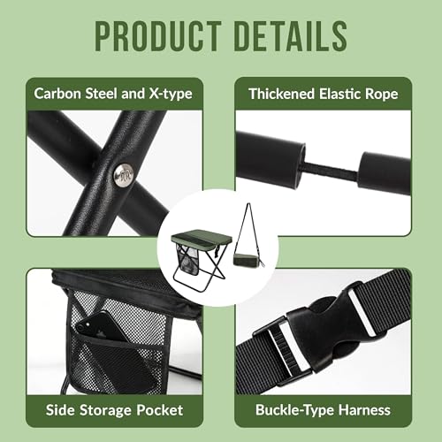 Image of Portable Folding Stool - 12 inch Tall Collapsible Backpack Stool with Storage Pouch, Hands-Free Carry & Supports 300 lbs, Ultralight for Hiking, Fishing, Camping, Festivals (Green, Standard)