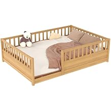 Bellemave Full Size Floor Bed with Slats and High Guardrail, Full Size Montessori Floor Bed with Fence, Easy Assemble Montessori Beds for Kids, Girls, Boys,Natural