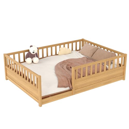 Bellemave Full Size Floor Bed with Slats and High Guardrail, Full Size Montessori Floor Bed with Fence, Easy Assemble Montessori Beds for Kids, Girls, Boys,Natural