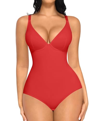 Image of FeelinGirl Shapewear Bodysuits for Women Tummy Control Deep V Neck Body Suits with Adjustable Straps Tops