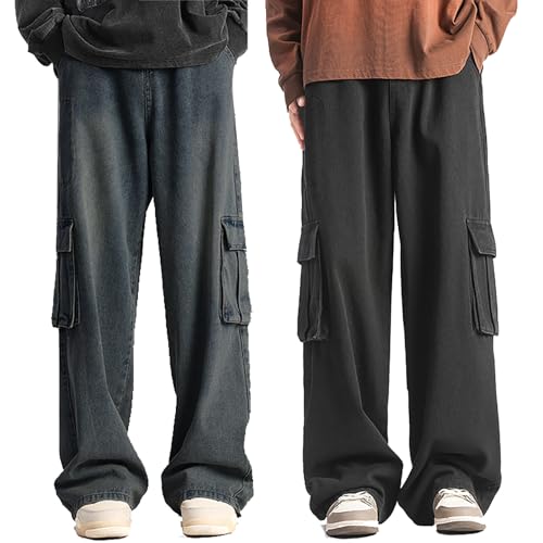 Pantalones de chándal rectos vaqueros elásticos con piernas anchas cargo 2