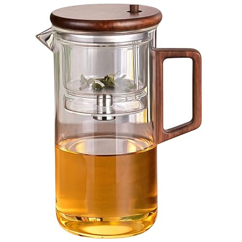OULOVECO プッシュ式ティーポット 急須 耐熱ガラス製 自動フィルター付き 紅茶ポット ピーチウッド取手 ステンレス茶こし付き ティーメーカー 来客用・オフィス用 万能茶器 おしゃれ茶道具 (透明, 750ml)