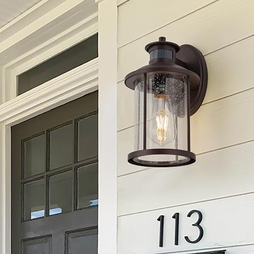 Image of MICSIU Motion Sensor Bronze Outdoor Wall Light 1 Pack, 11.5 inch Farmhouse | 3 Modes Exterior Light Fixture with Seedy Glass, Anti-Rust Dusk to Dawn Outside Wall Sconce for House, Front Porch, Deck