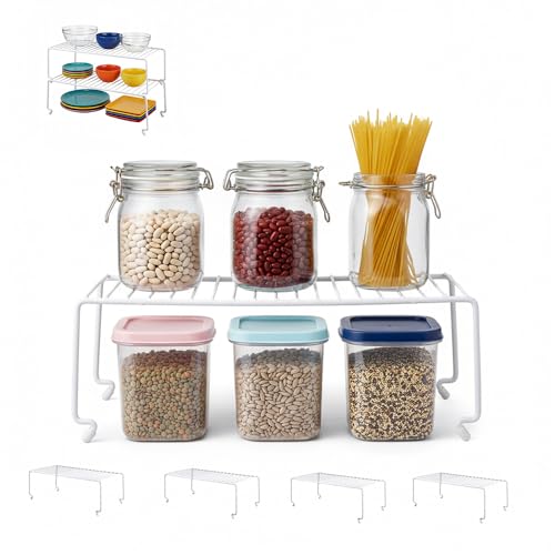 ziroland 4-Pack Kitchen Cabinet Shelf Riser - Stackable Cupboard Organizer & Wire Rack for Pantry, Spice Organization, Desk & Bathroom, Rustproof Metal Closet Shelves, White (15.7" L x 8.5" W) by ziroland - Used condition - US$20.99