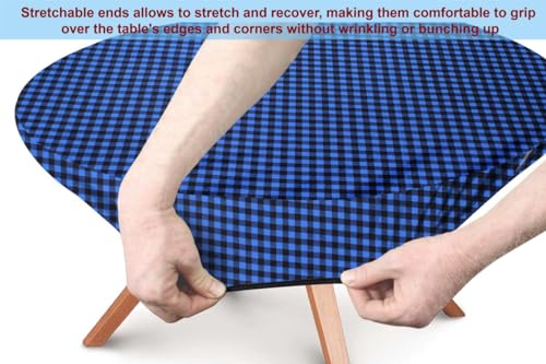 Image of The Furnishing Tree Round Elastic Fitted Dining Table Cover WxL 54x54 Inches Checkered Pattern Blue