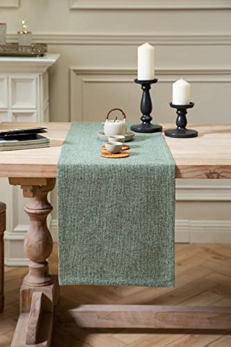 Image of ZeeMart Burlap Style Farmhouse Table Runners 48 Inches Long, Green Rustic Woven Dining Table Runner for Everyday Use, 14x48 Inches, Mineral Green