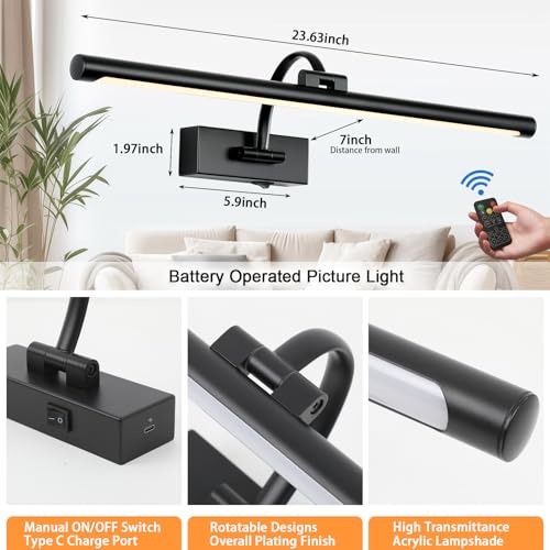 Image of Tassuowell Picture Light Battery Operated with Remote, 3CCT Dimmable Picture Light for Paintings, Black Rechargeable 24 inch Battery Operated Wall Sconce for Art Lighting Gallery Portrait Artwork