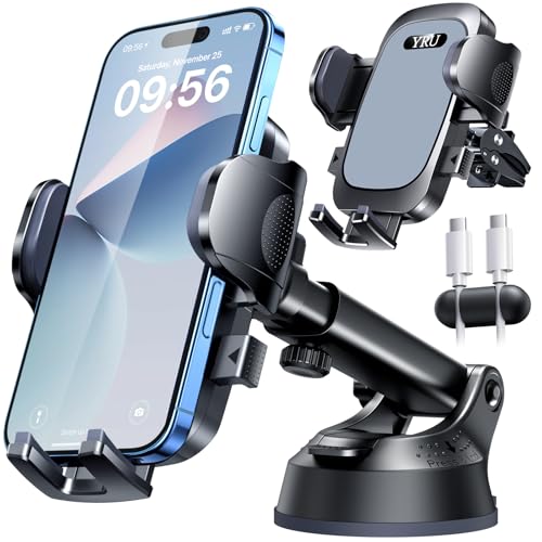 Image of YRU [True Upgrade for Safety] Car Phone Holder Mount [Patent & Military-Grade] Dashboard Cell Phone Holder for Car Vent Windshield Phone Stand for iPhone 17 16 15 14 13 Pro Max Truck Samsung (Grey)