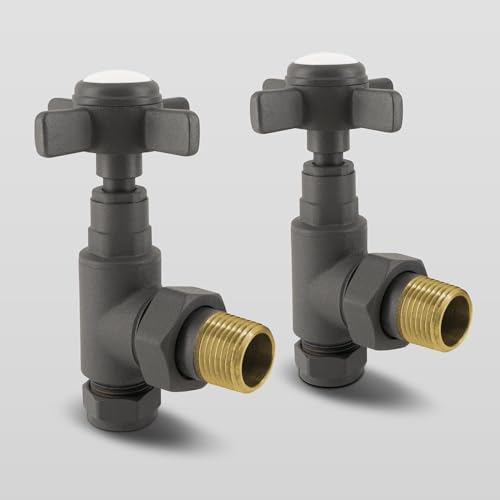 Image of VANCOCO 1/2"×15mm Anthracite Traditional Radiator Valve Angled (Pair) - Traditional Radiator Valves with Cross Handwheel Suitable for Heated Towel Rails or Central Heating Systems