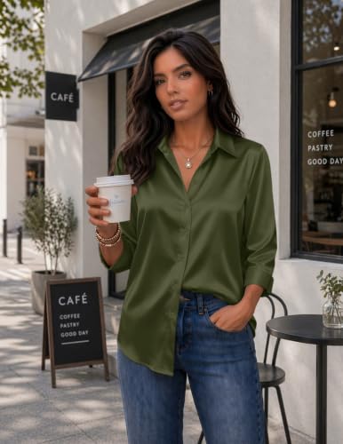 Image of Zeagoo Womens Satin Blouses Button Down Shirts 3 /4 Sleeve Dressy Tops S-2XL