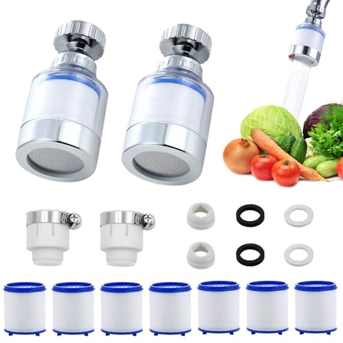 LURNODY Lot de 2 robinets filtrants à eau à 360 ° - Filtre pour eau potable - Avec 7 éléments filtrants en coton PP et adaptateur universel